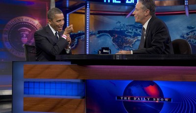 
              President Barack Obama talks with Jon Stewart during a taping of his appearance on "The Daily Show with John Stewart", Thursday, Oct. 18, 2012, in New York. (AP Photo/Carolyn Kaster)
  
